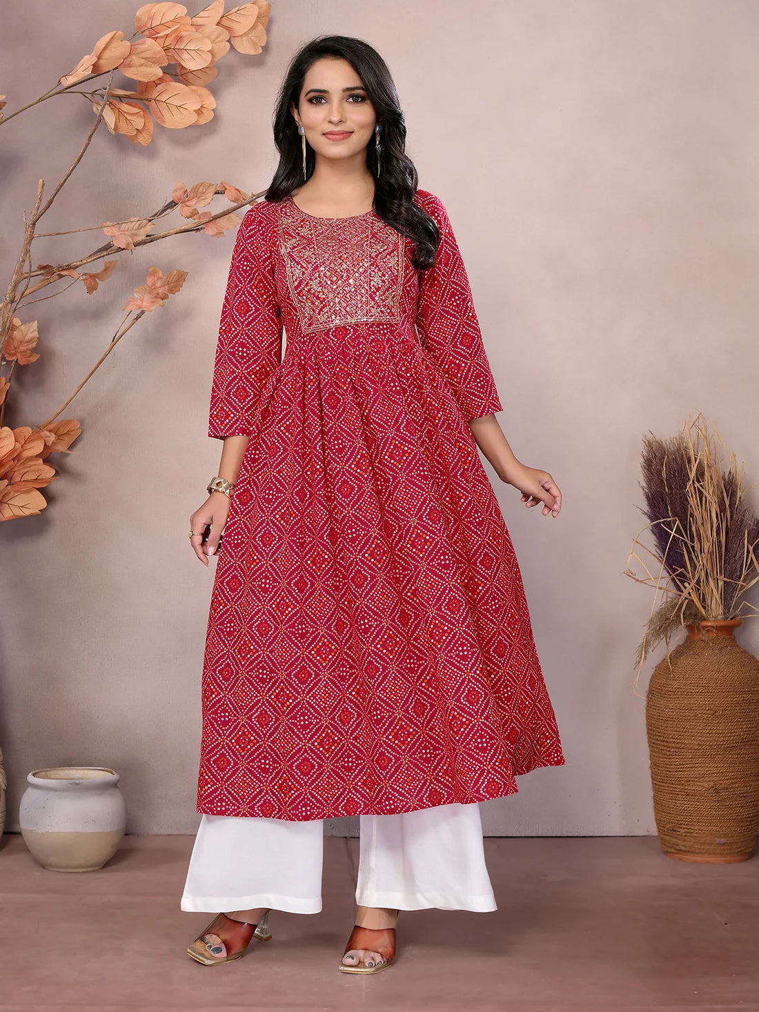 Buy Rayon Embroidered Calf Length Anarkali Kurta-Red