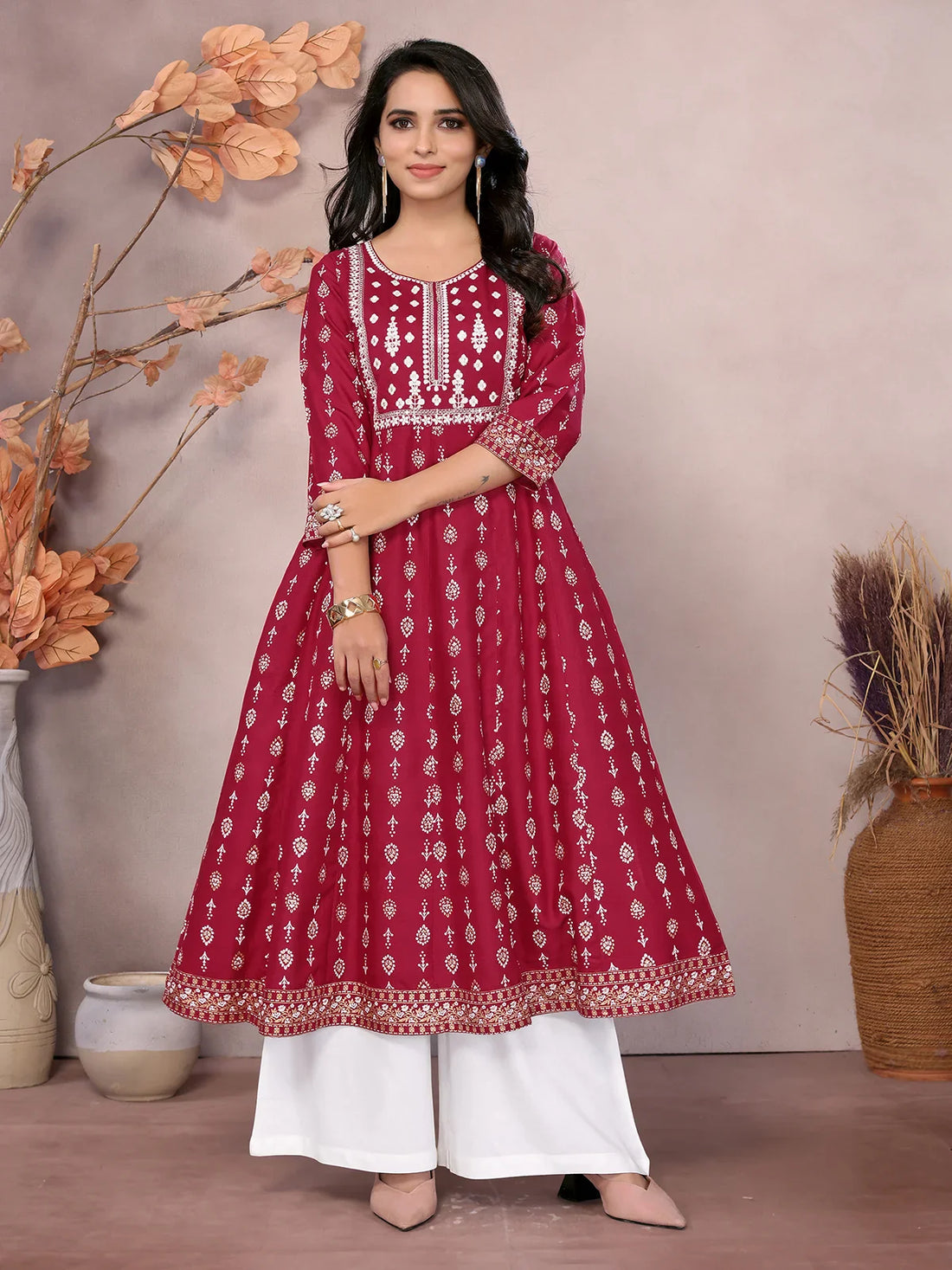 Buy Rayon Embroidered Calf Length Anarkali Kurta-Maroon