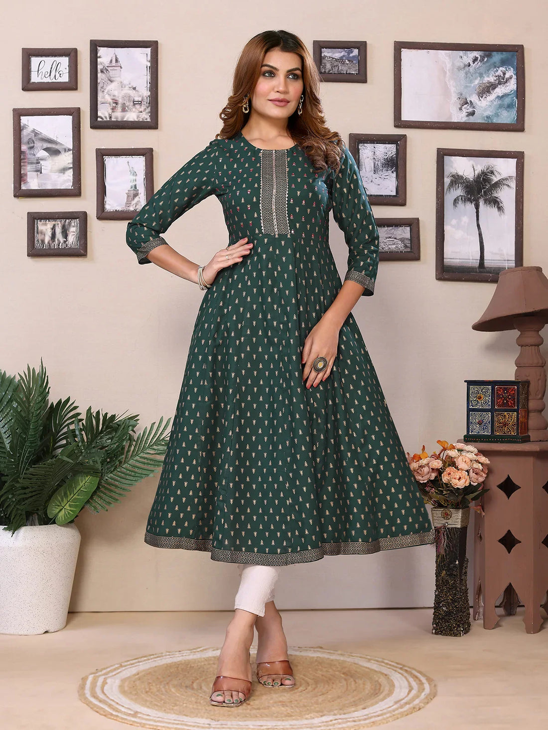 Buy Rayon Embroidered Calf Length Anarkali Kurta-Green