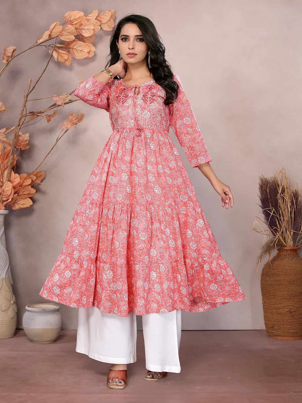 Buy Cotton Embroidered Calf Length Anarkali Kurta with Drawstring-Peach