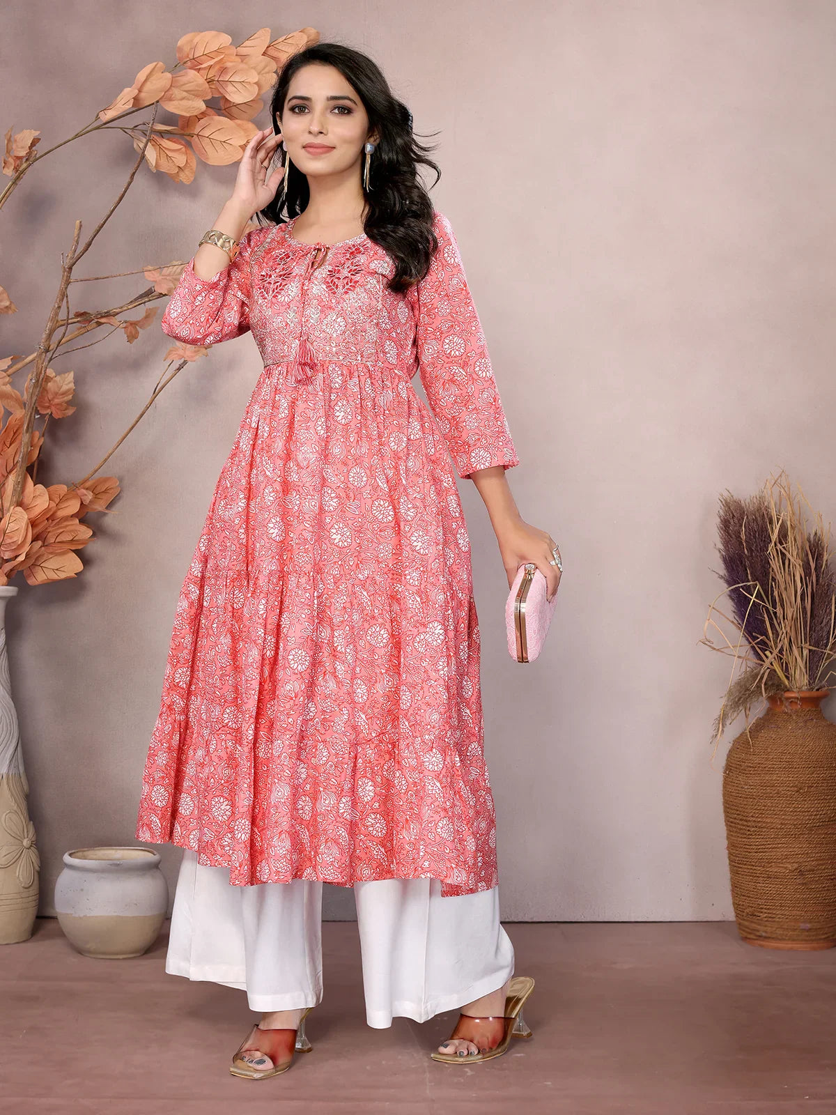 Buy Cotton Embroidered Calf Length Anarkali Kurta with Drawstring-Peach