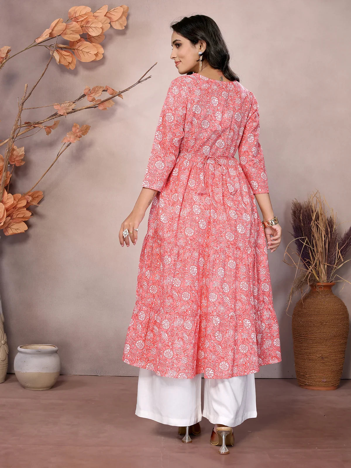 Buy Cotton Embroidered Calf Length Anarkali Kurta with Drawstring-Peach