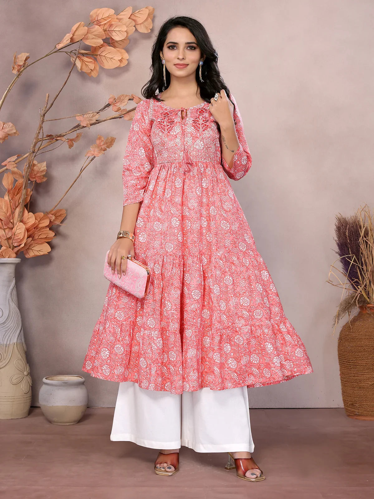 Buy Cotton Embroidered Calf Length Anarkali Kurta with Drawstring-Peach