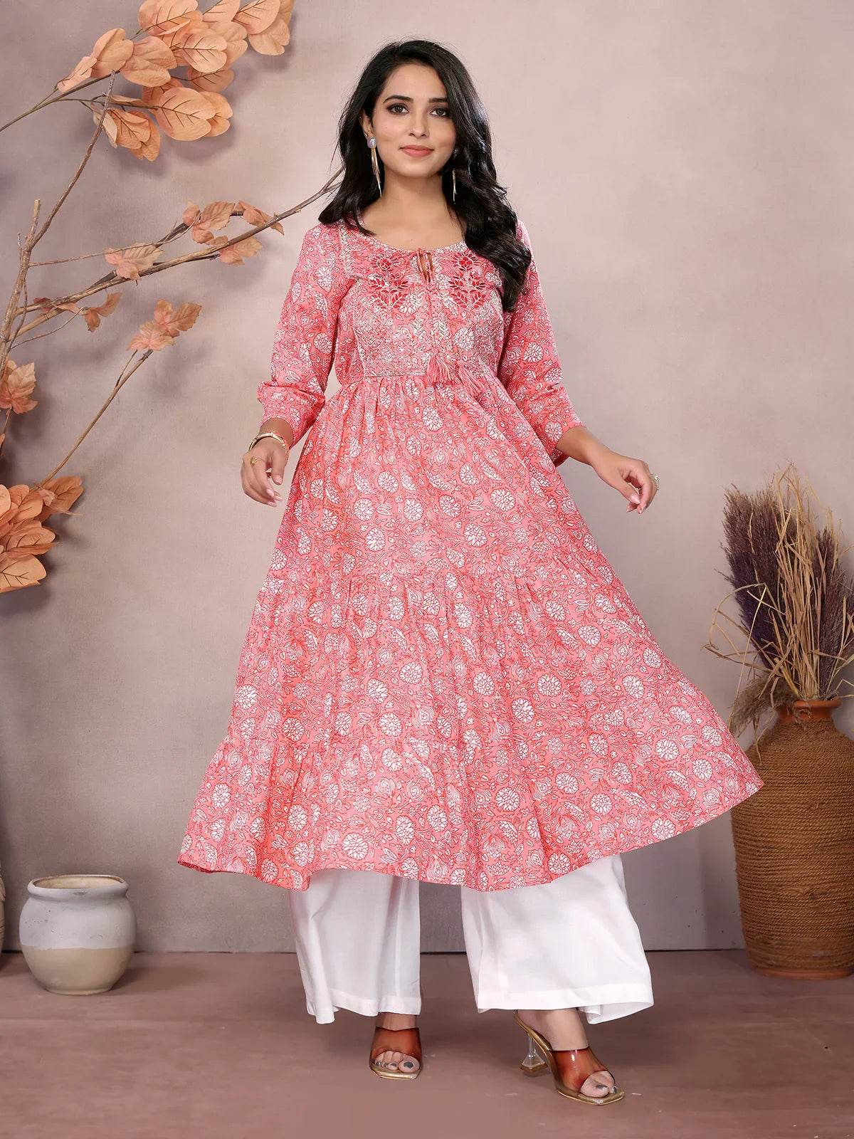 Buy Cotton Embroidered Calf Length Anarkali Kurta with Drawstring-Peach