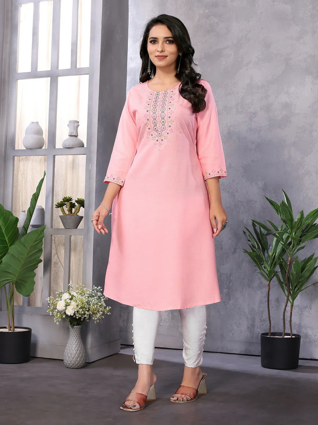 Buy Rayon Embroidered Knee Length A-Line Kurta-Pink