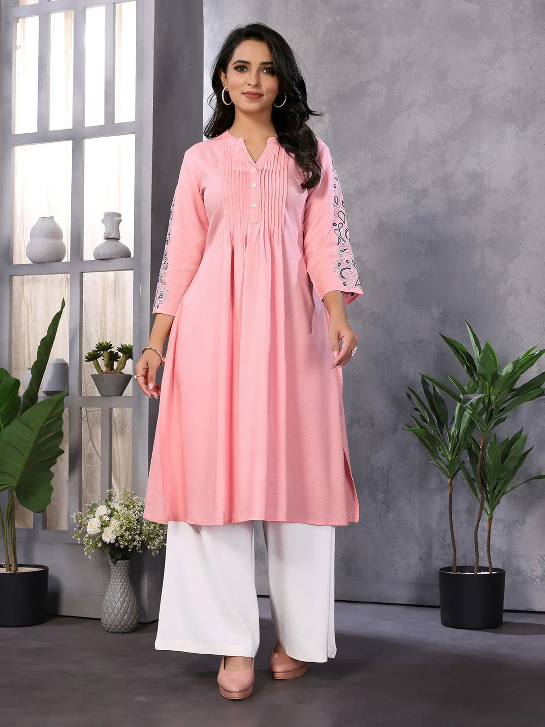 Buy Rayon Embroidered Knee Length A-Line Kurta-Pink