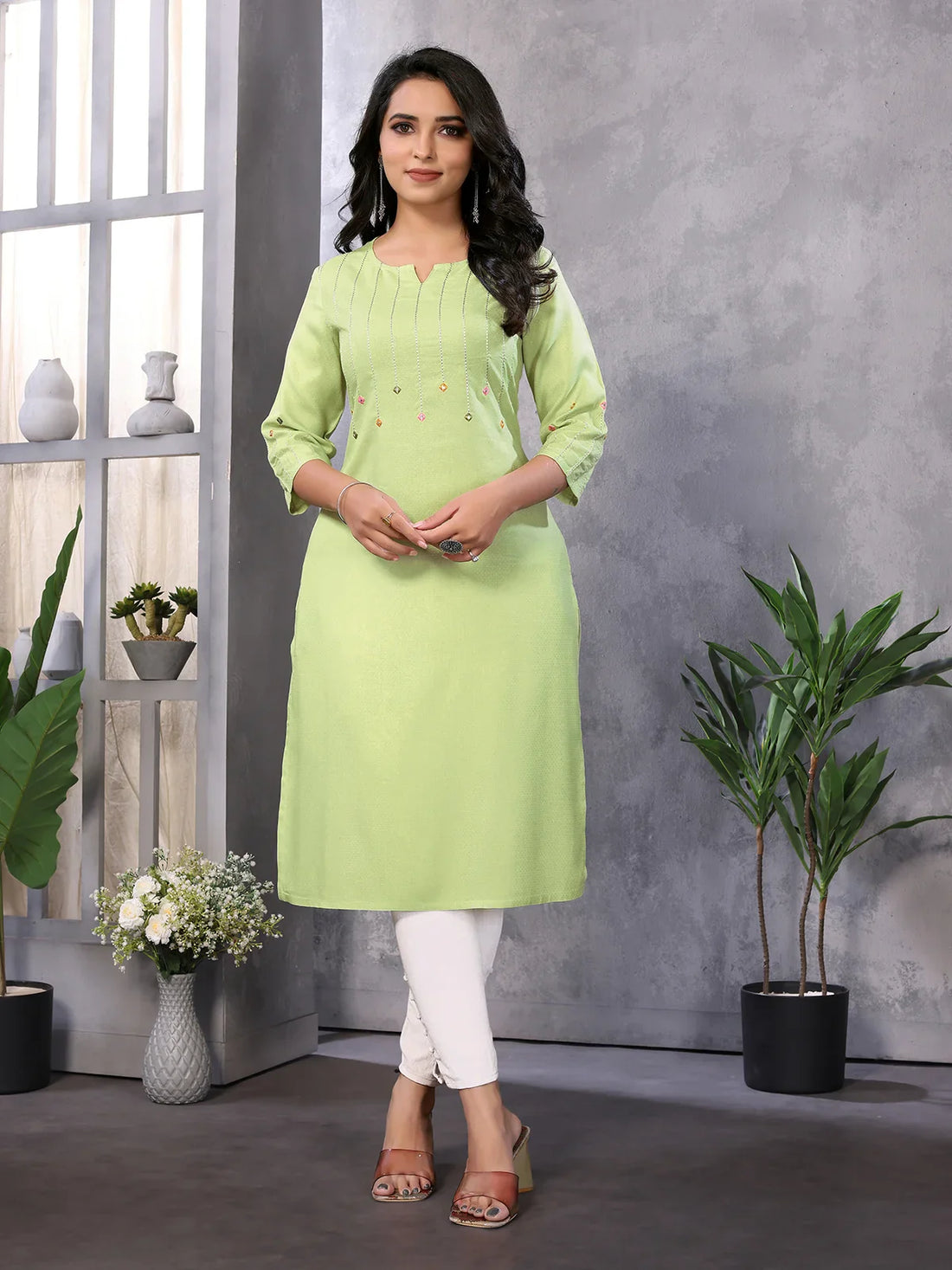 Buy Rayon Embroidered Knee Length Straight Kurta-Lime Green