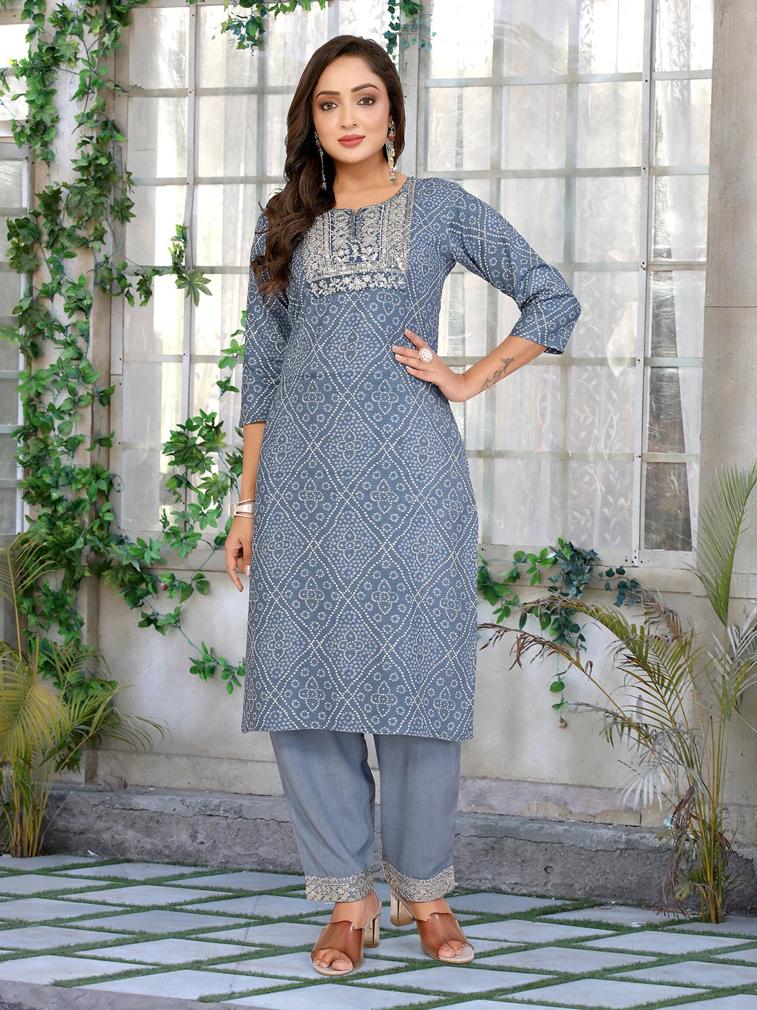 Buy Rayon Embroidered Straight Calf Length Kurta with Pant-Grey