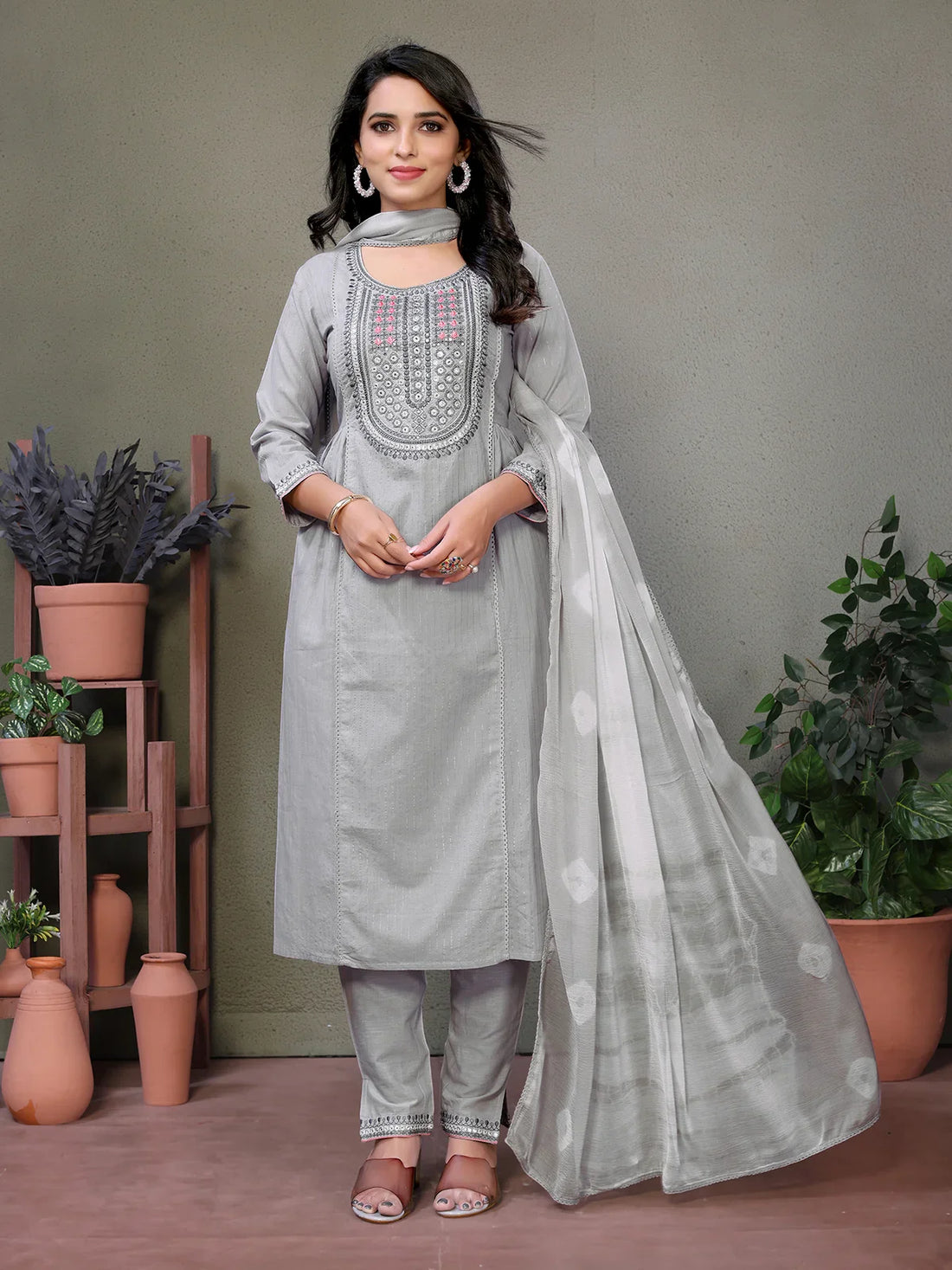 Buy Cotton Embroidered Calf Length A-line Kurta With Pant And Dupatta - Grey-Grey