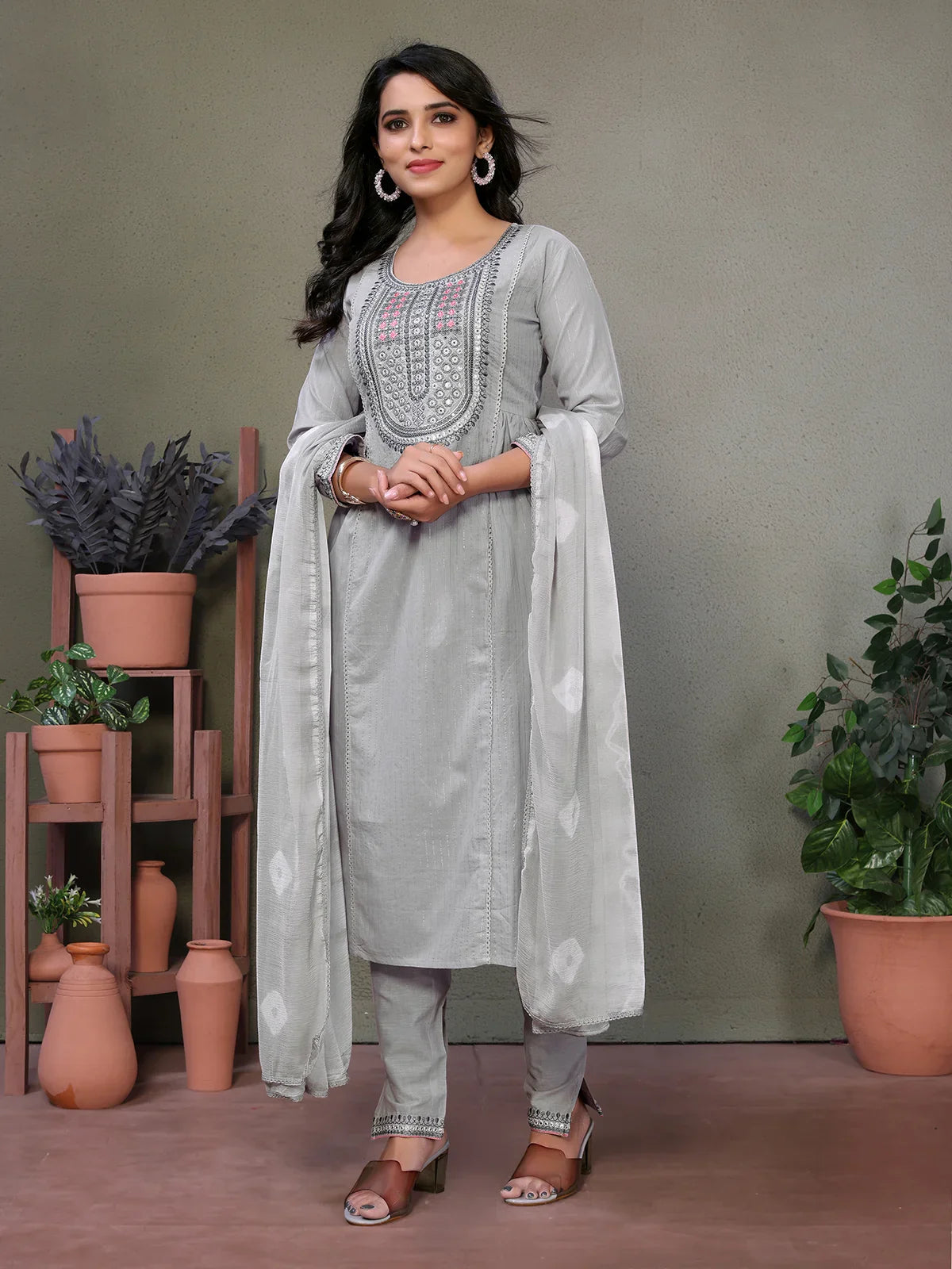 Buy Cotton Embroidered Calf Length A-line Kurta With Pant And Dupatta-Grey