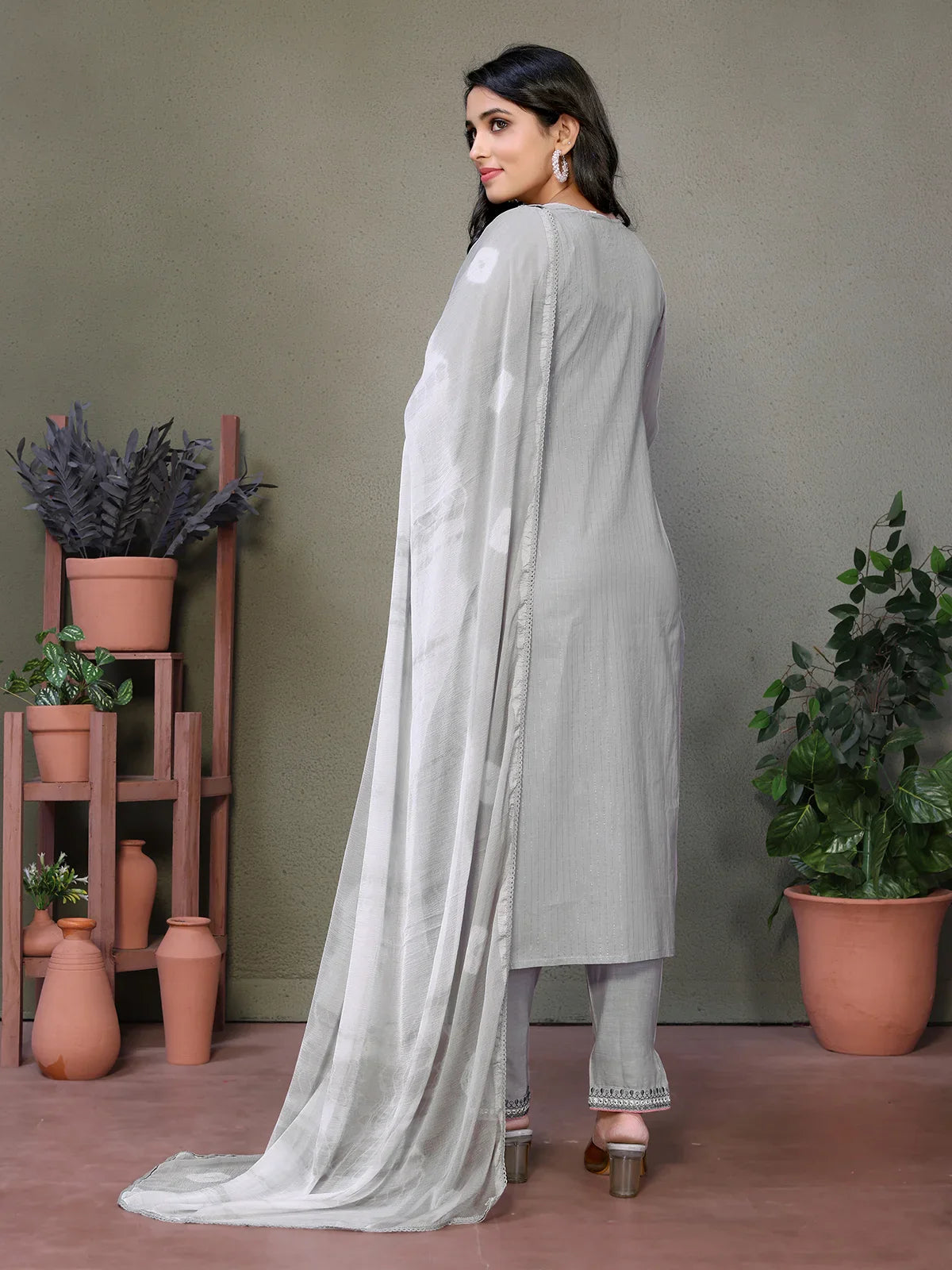 Buy Cotton Embroidered Calf Length A-line Kurta With Pant And Dupatta-Grey