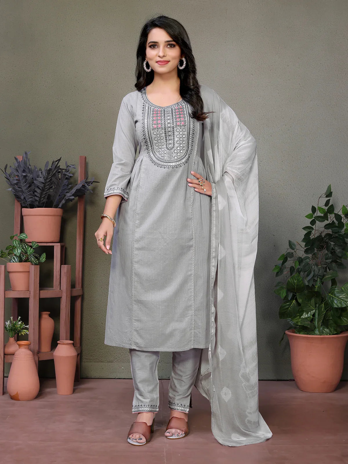 Buy Cotton Embroidered Calf Length A-line Kurta With Pant And Dupatta-Grey