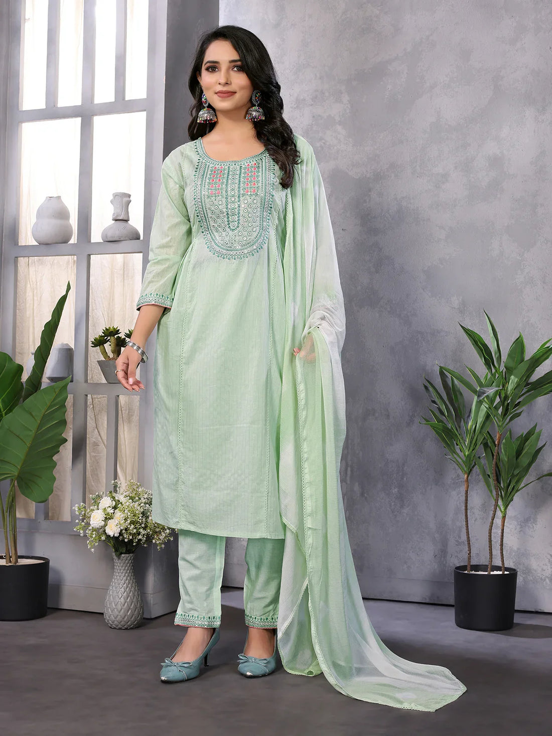 Buy Cotton Embroidered Calf Length A-line Kurta With Pant And Dupatta-Green