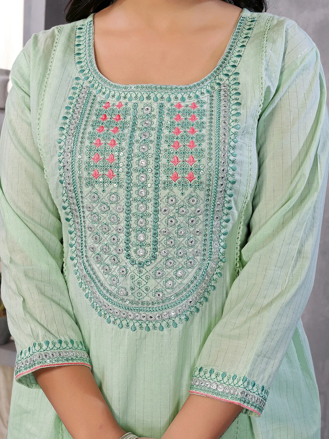 Buy Cotton Embroidered Calf Length A-line Kurta With Pant And Dupatta-Green