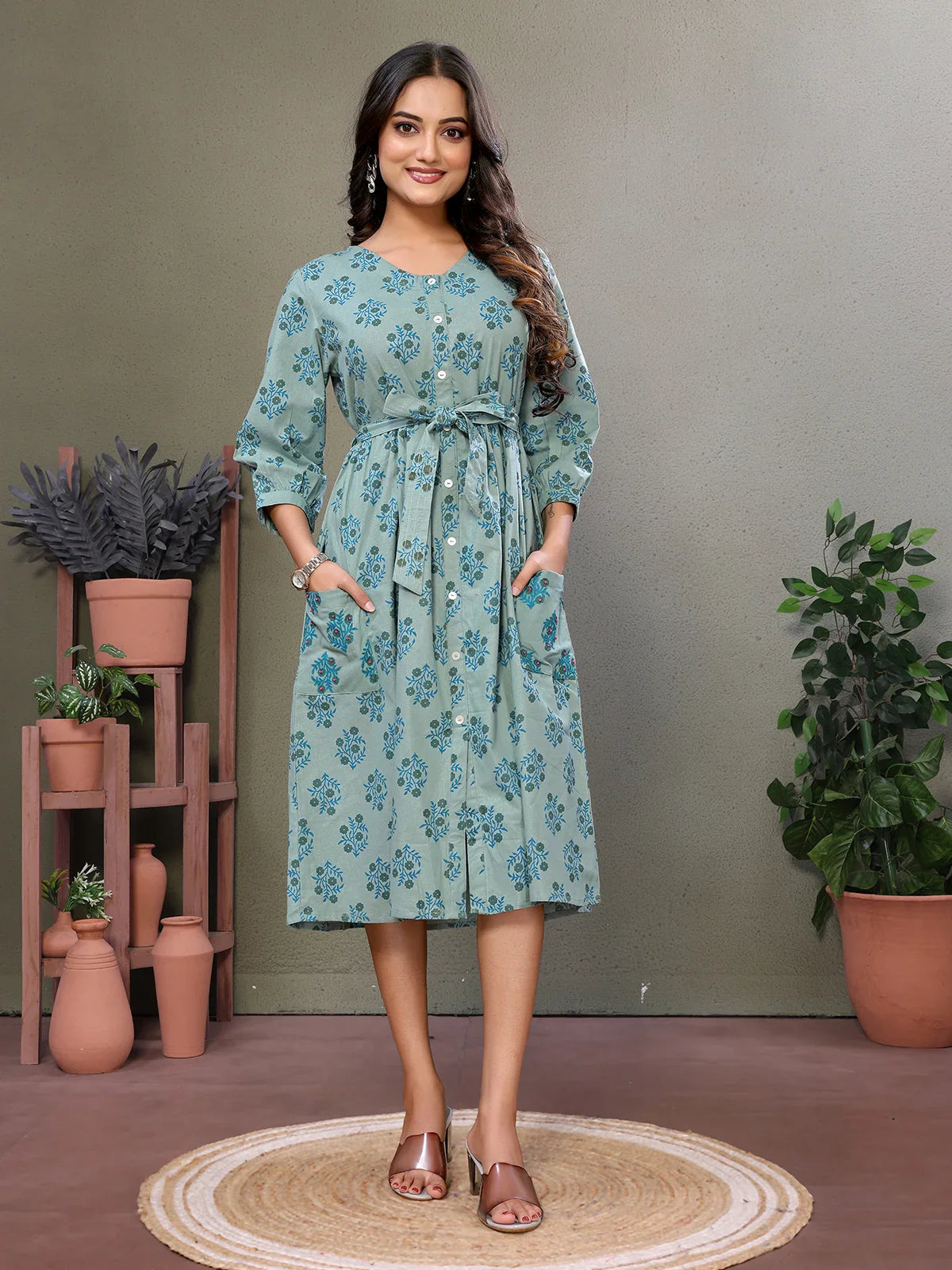 Buy Cotton Embroidered Calf Length Flared Dress with Two Pockets-Green