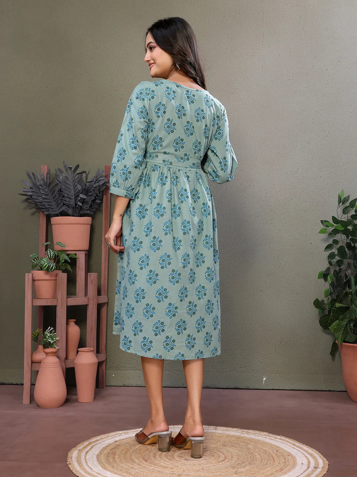 Buy Cotton Embroidered Calf Length Flared Dress with Two Pockets-Green