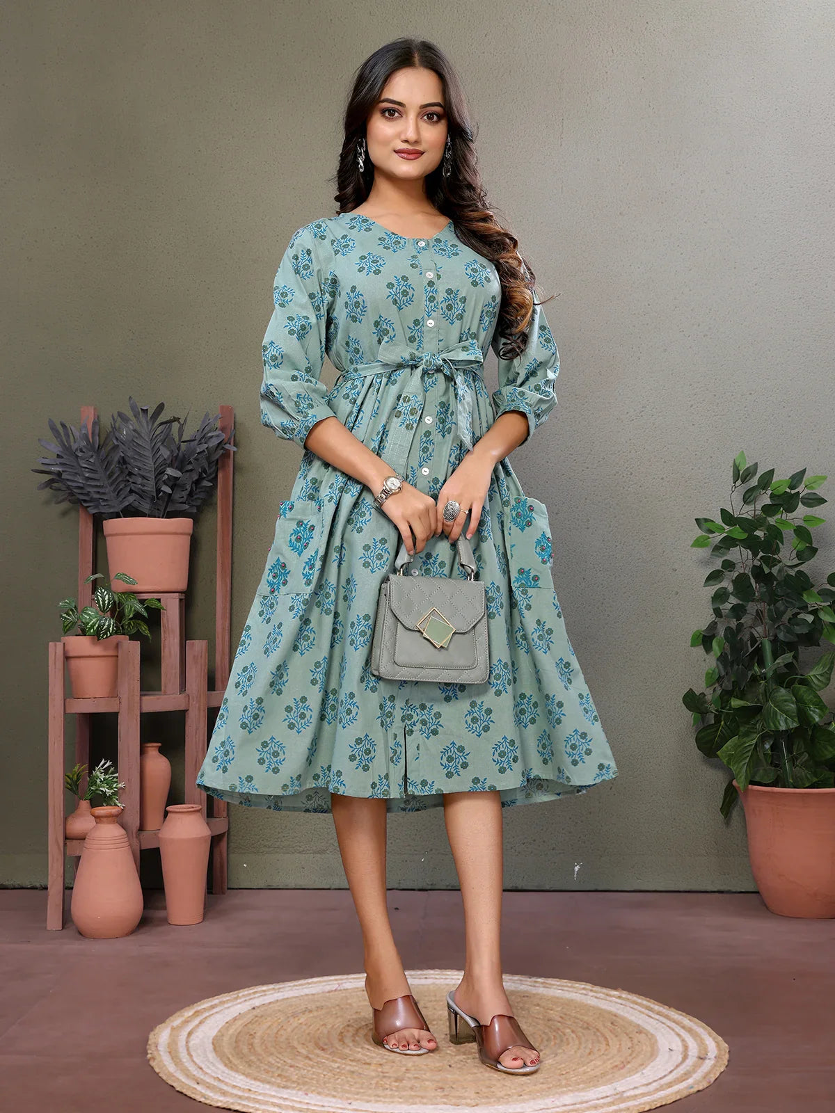 Buy Cotton Embroidered Calf Length Flared Dress with Two Pockets-Green