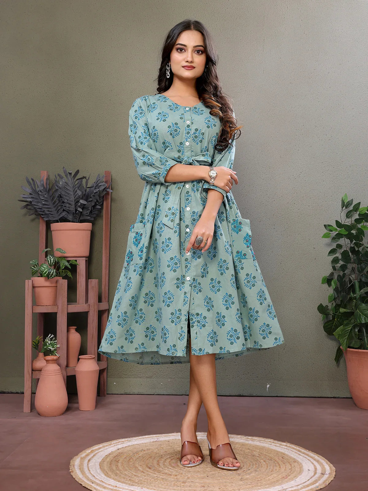 Buy Cotton Embroidered Calf Length Flared Dress with Two Pockets-Green