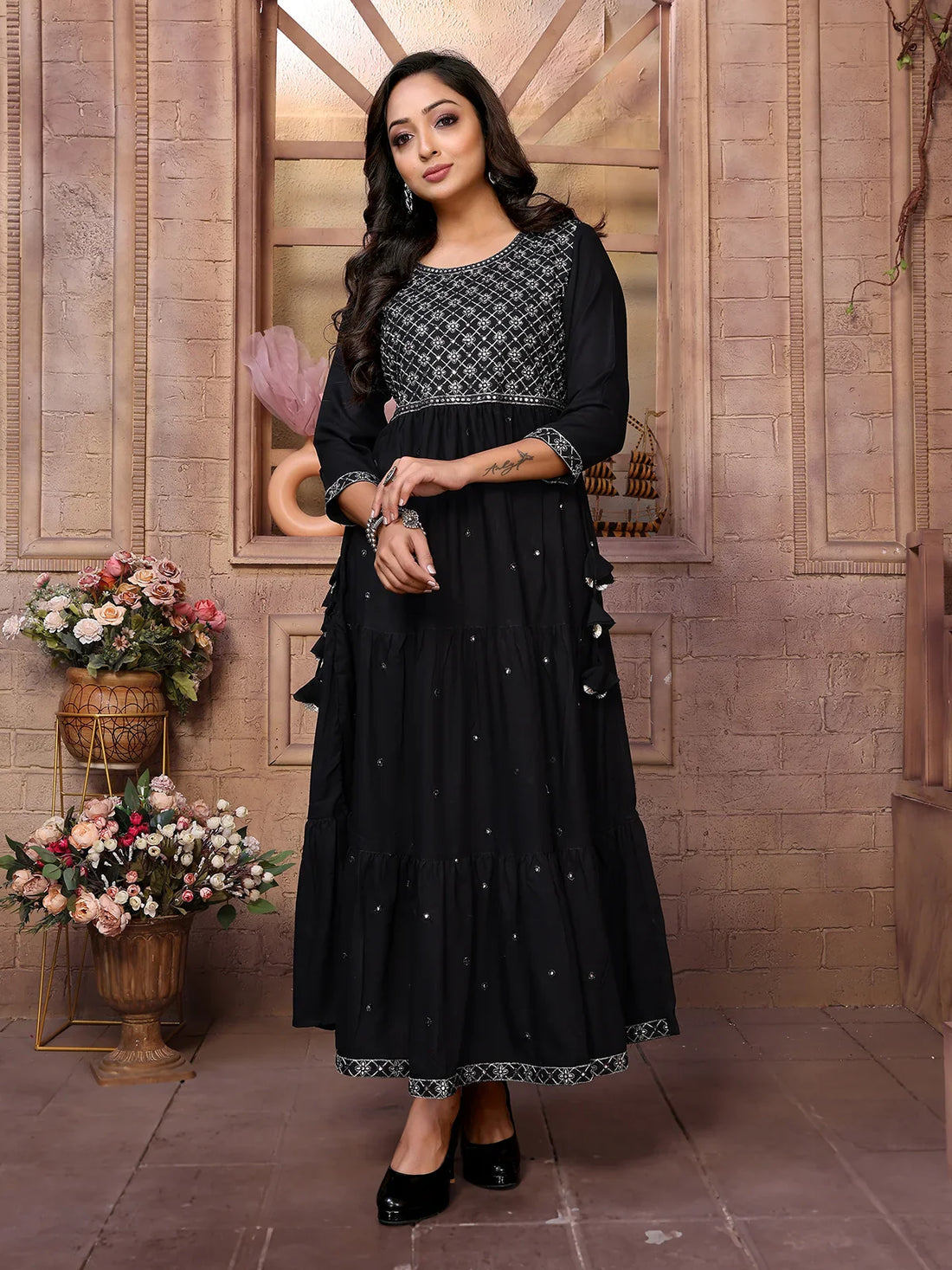 Buy Rayon Embroidered Ankle Length Tiered Flared Kurta-Black