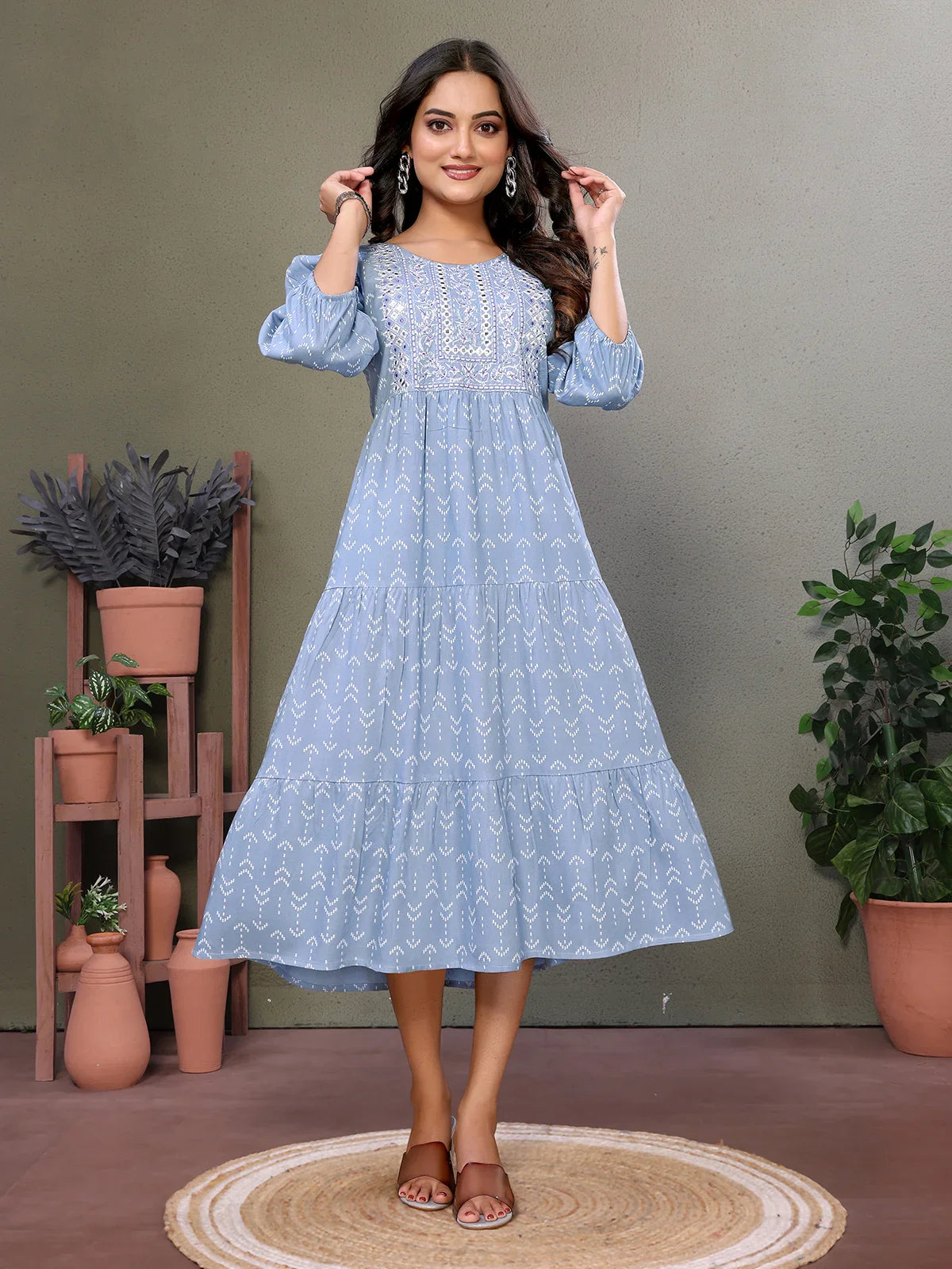 Buy Rayon Embroidered Calf Length Tiered Flared Dress-Blue