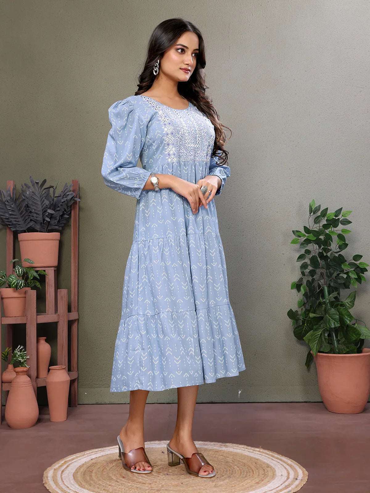 Buy Rayon Embroidered Calf Length Tiered Flared Dress-Blue