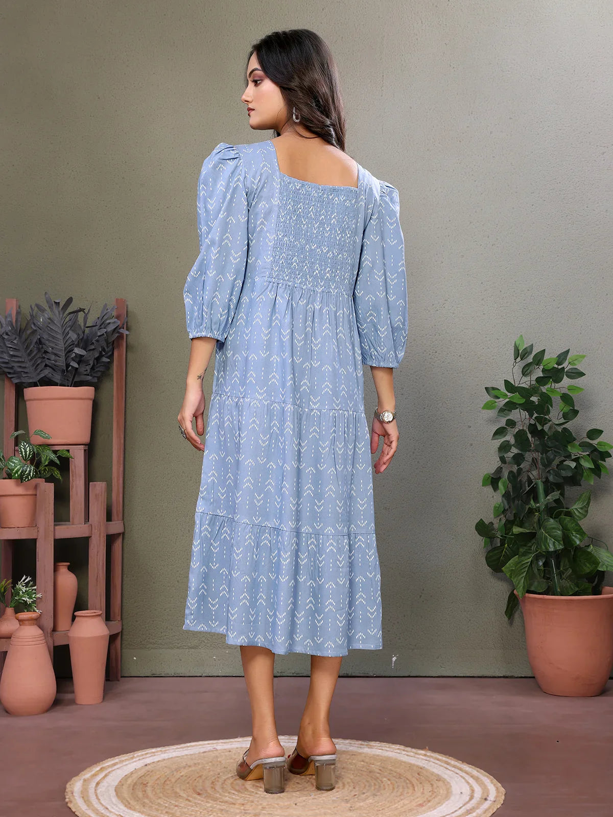 Buy Rayon Embroidered Calf Length Tiered Flared Dress-Blue