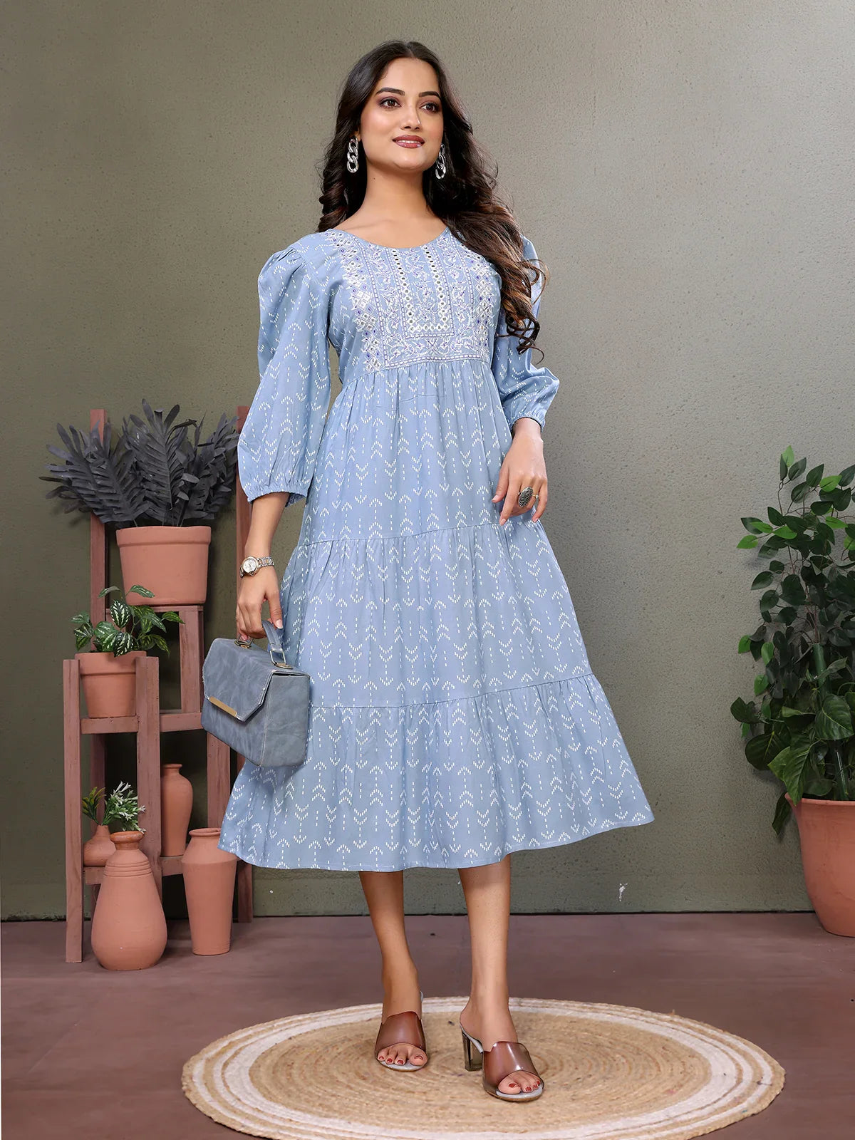 Buy Rayon Embroidered Calf Length Tiered Flared Dress-Blue