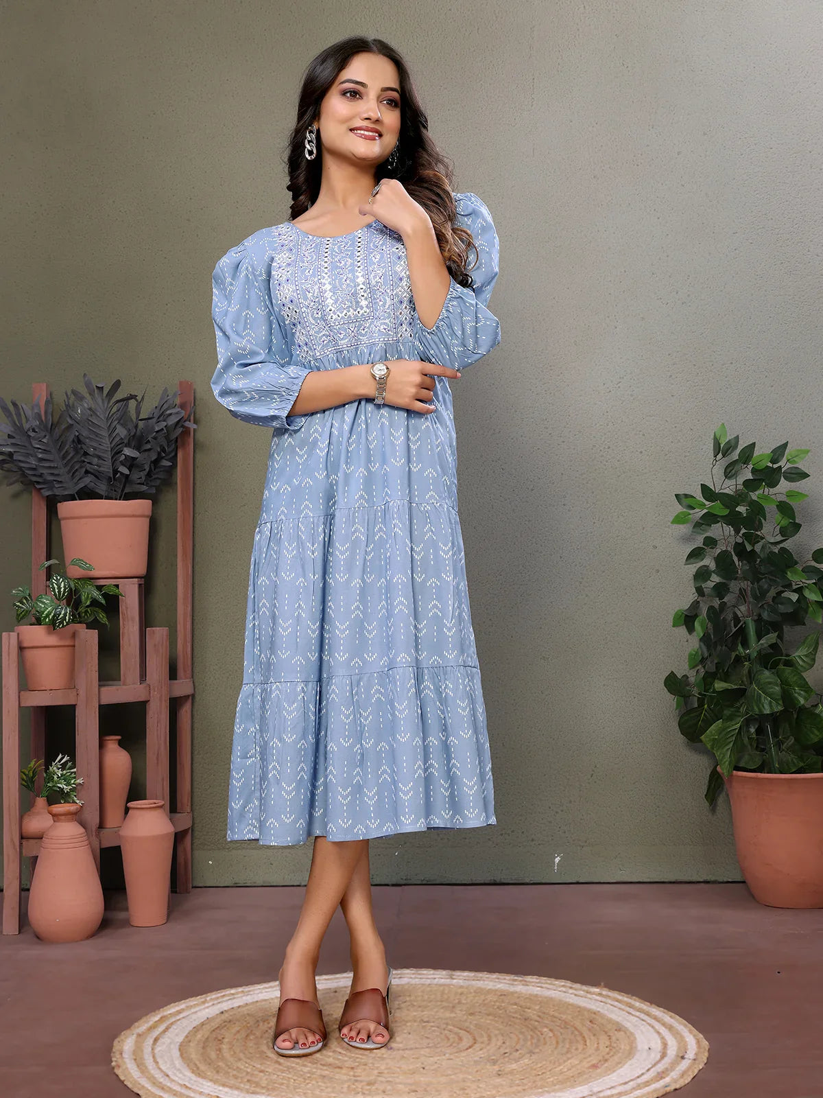 Buy Rayon Embroidered Calf Length Tiered Flared Dress-Blue