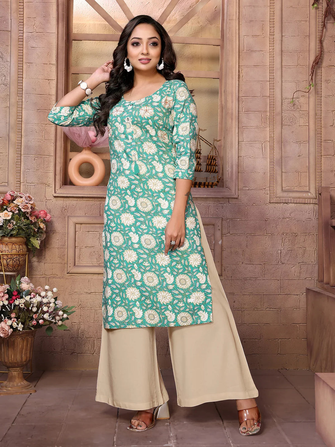 Buy Rayon Embroidered Calf Length Straight Kurta-Green