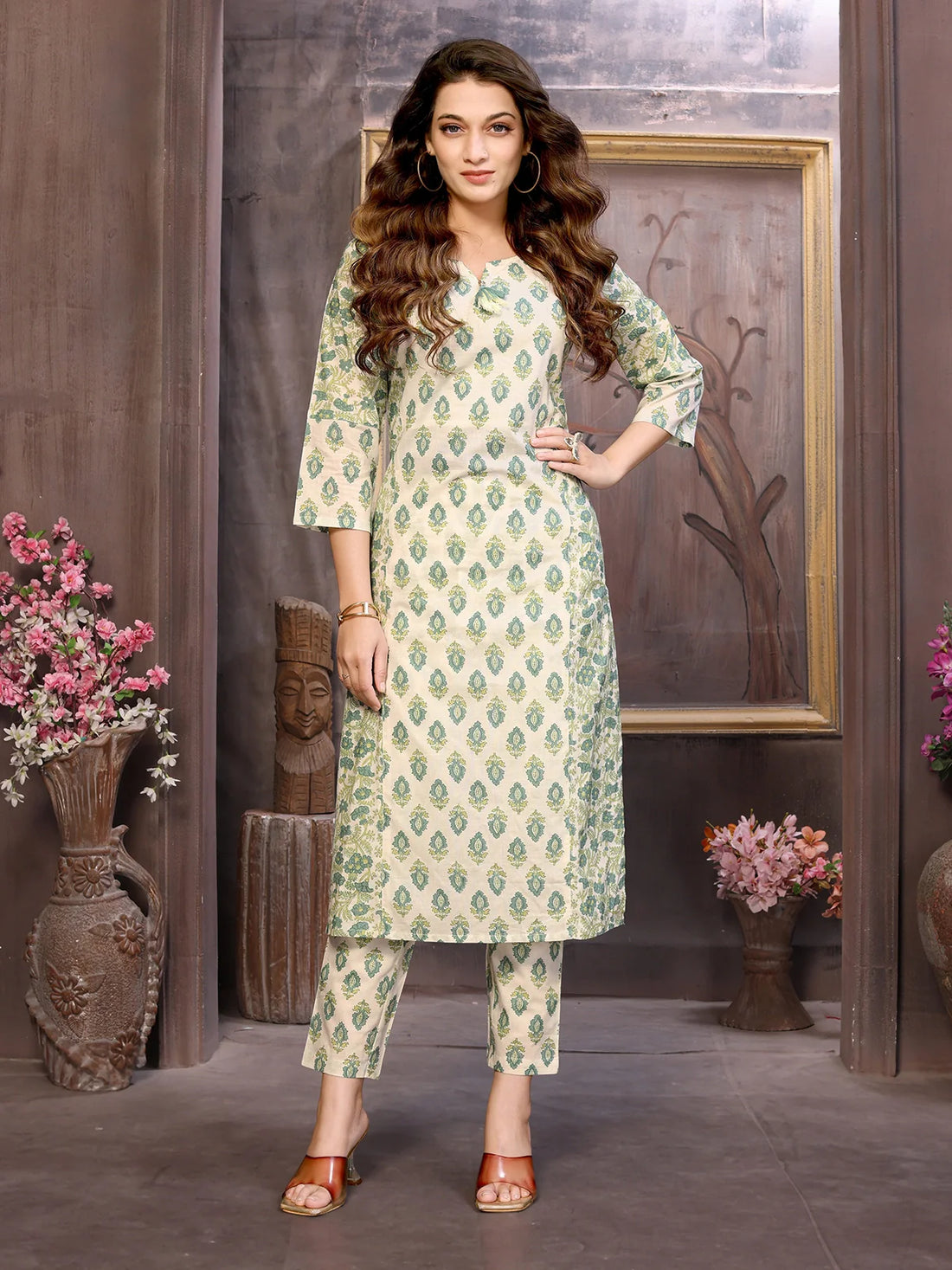 Buy Cotton Floral Printed Calf Length Straight Kurta with Pant-Cream