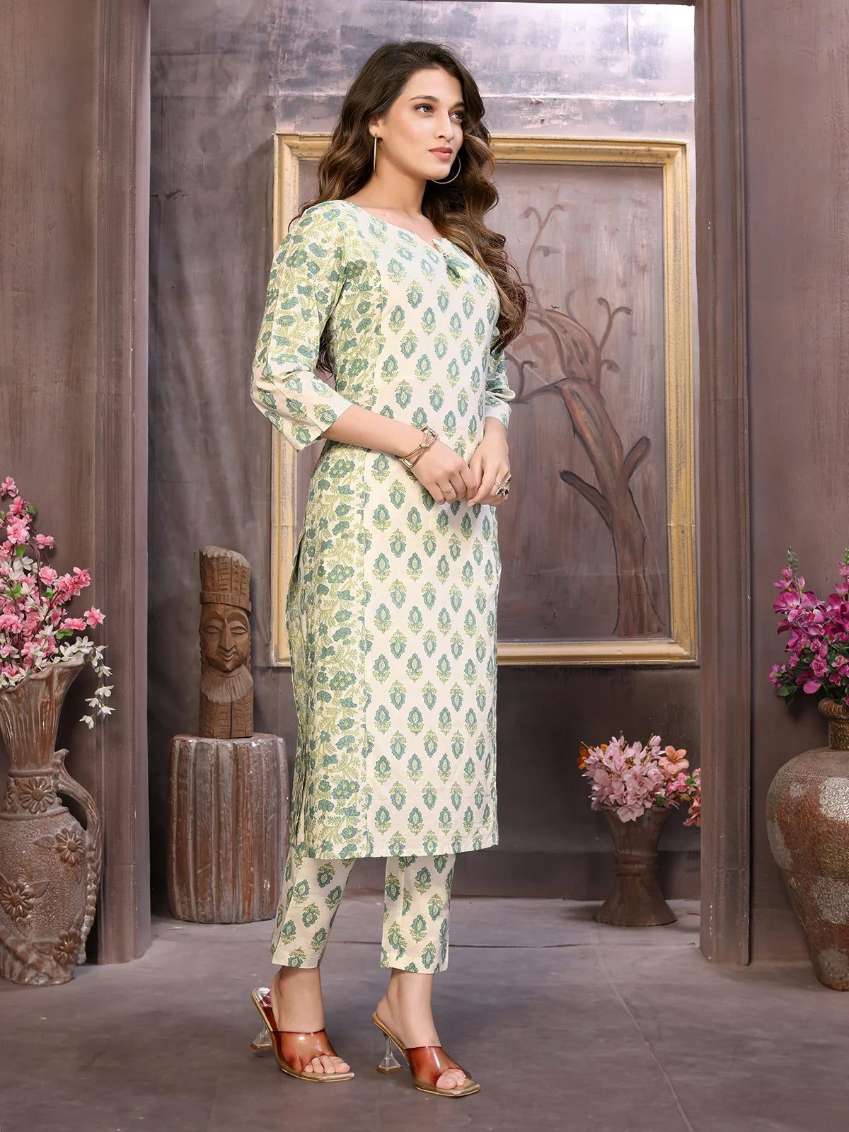 Buy Cotton Floral Printed Calf Length Straight Kurta with Pant-Cream