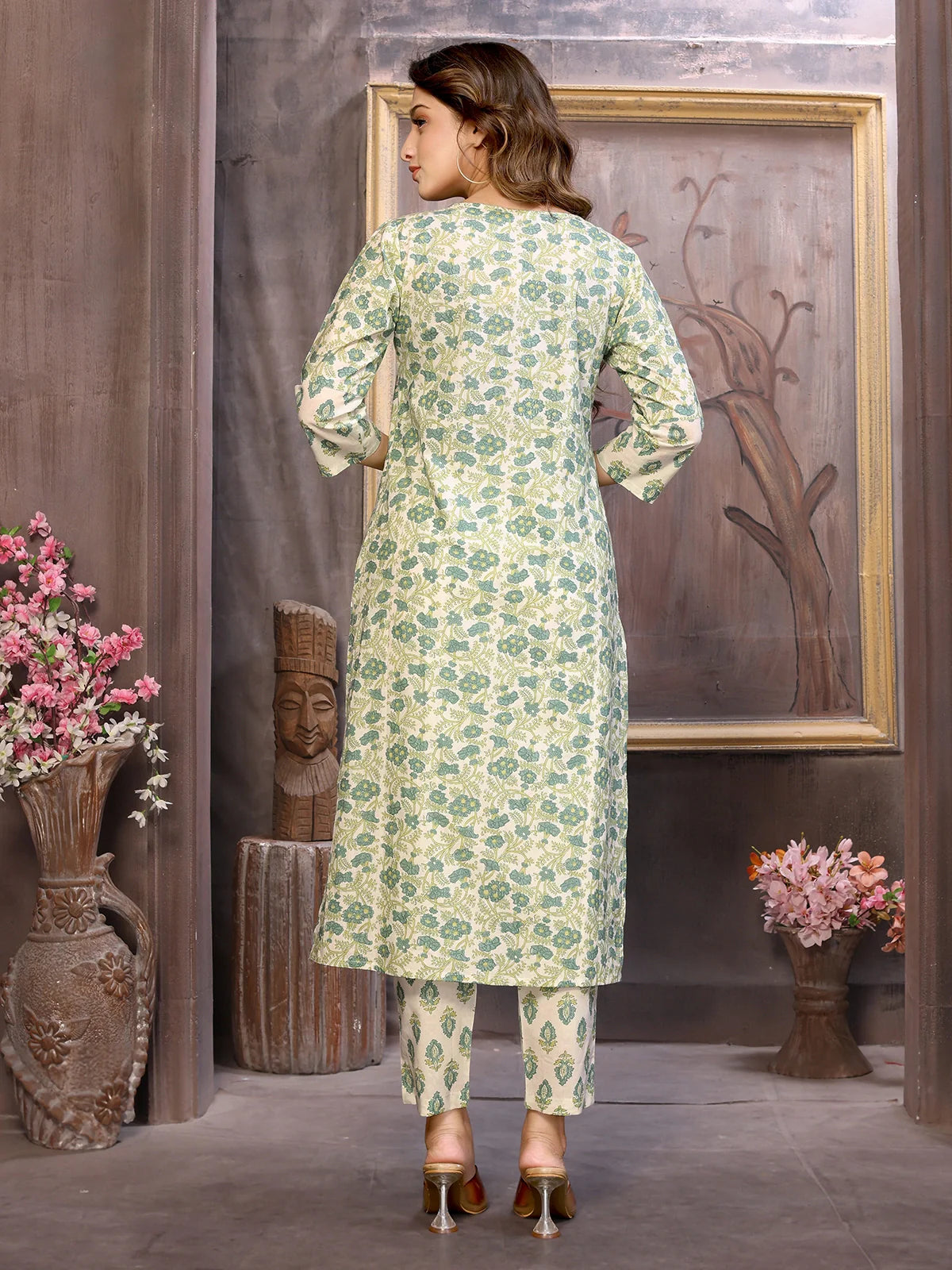 Buy Cotton Floral Printed Calf Length Straight Kurta with Pant-Cream