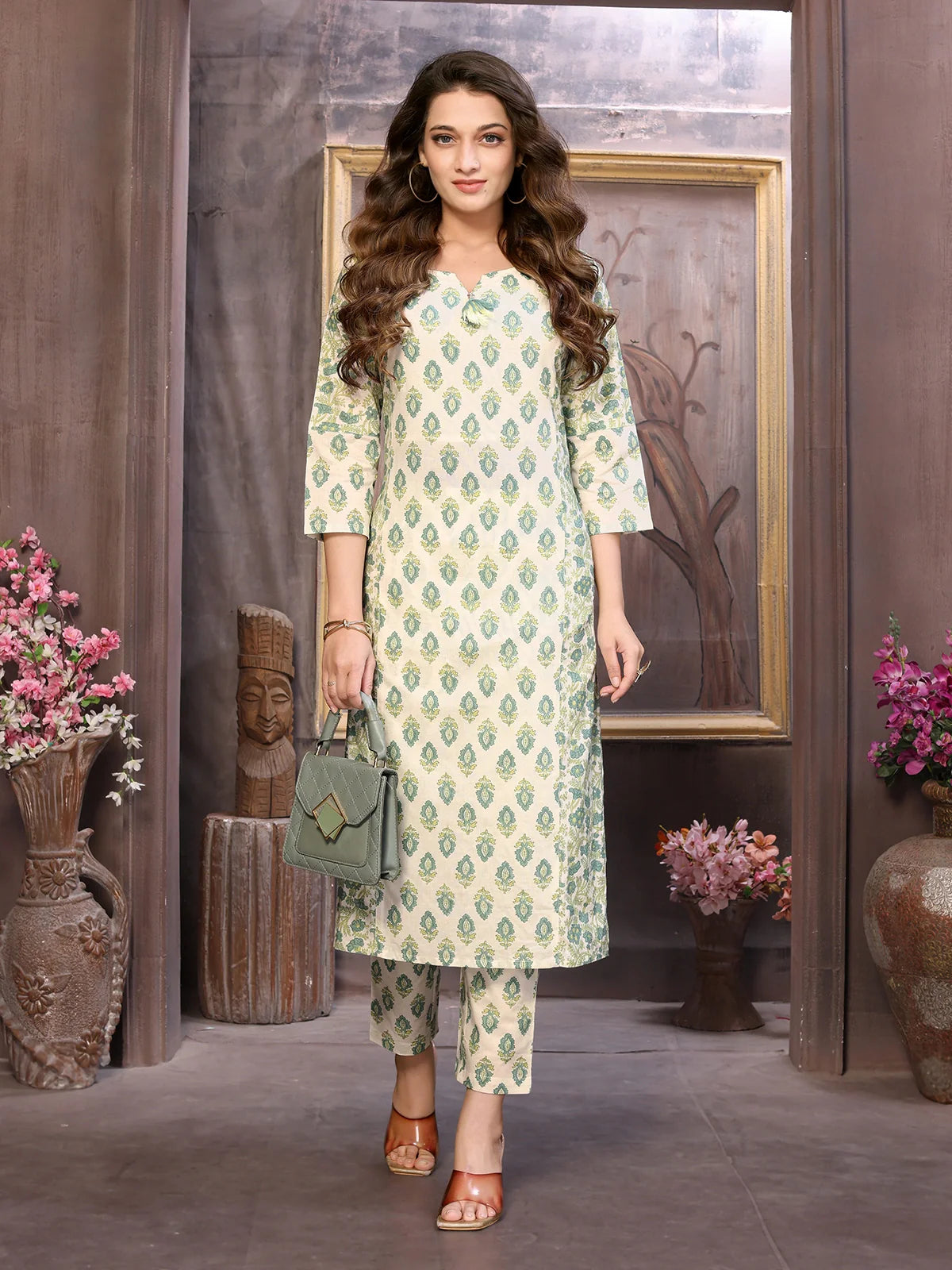 Buy Cotton Floral Printed Calf Length Straight Kurta with Pant-Cream