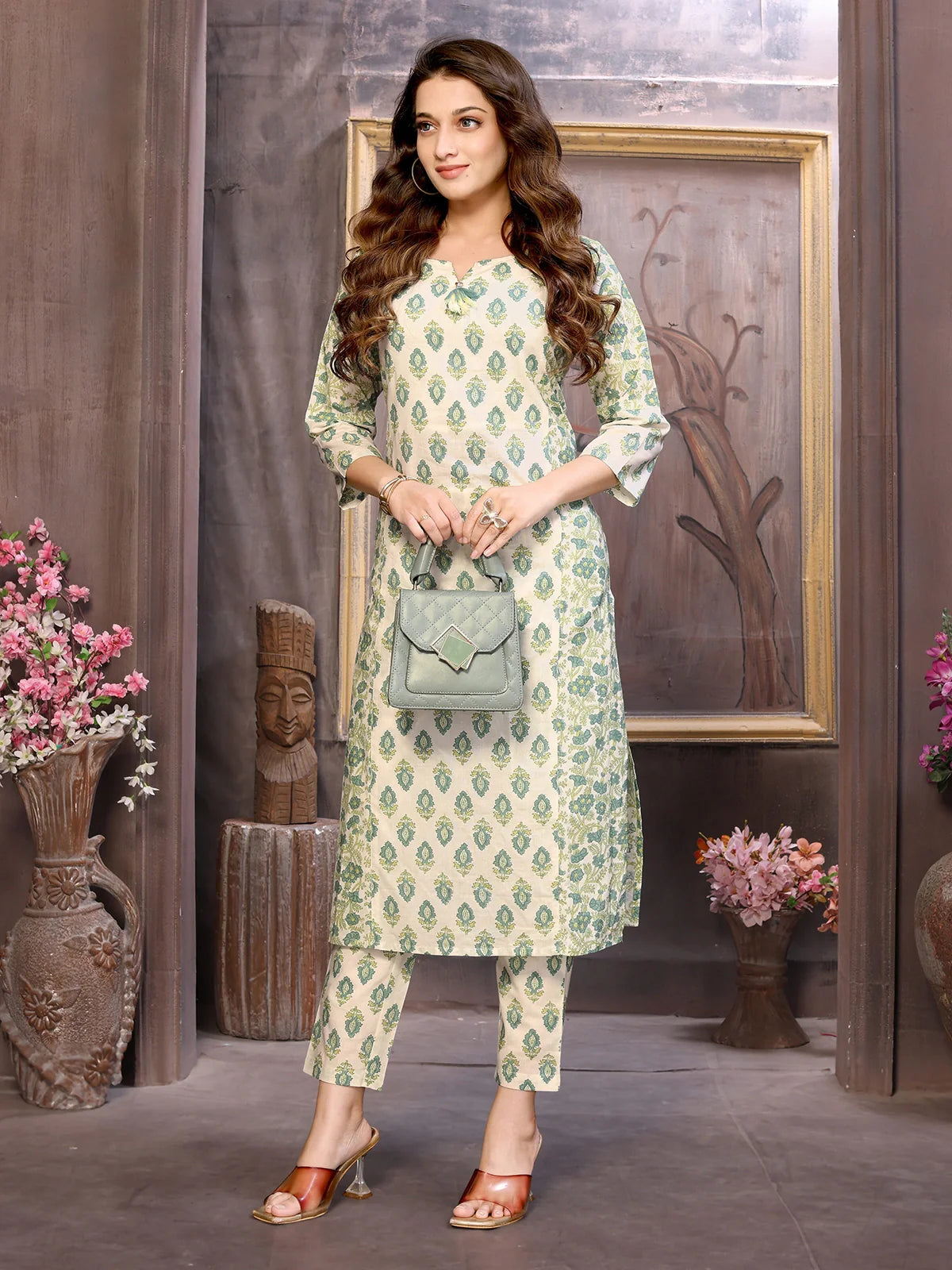 Buy Cotton Floral Printed Calf Length Straight Kurta with Pant-Cream