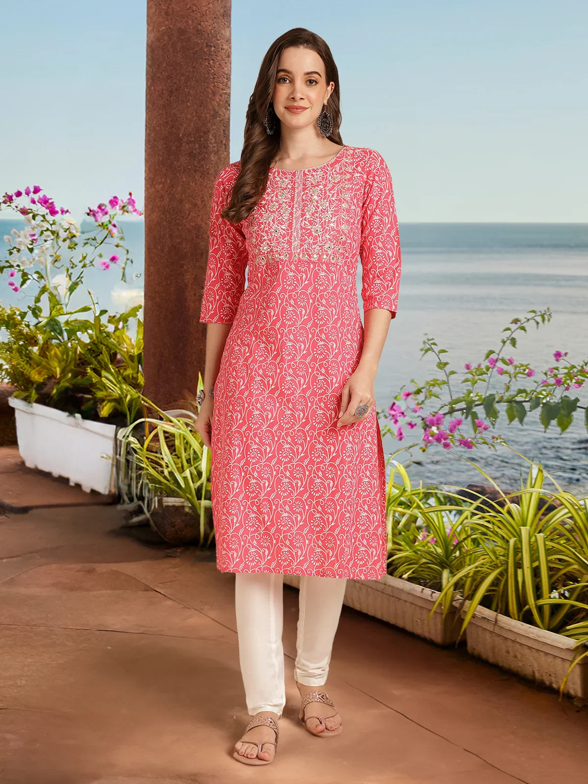 Buy Rayon Yoke Embroidered Calf Length Straight Kurti With Pant-Peach