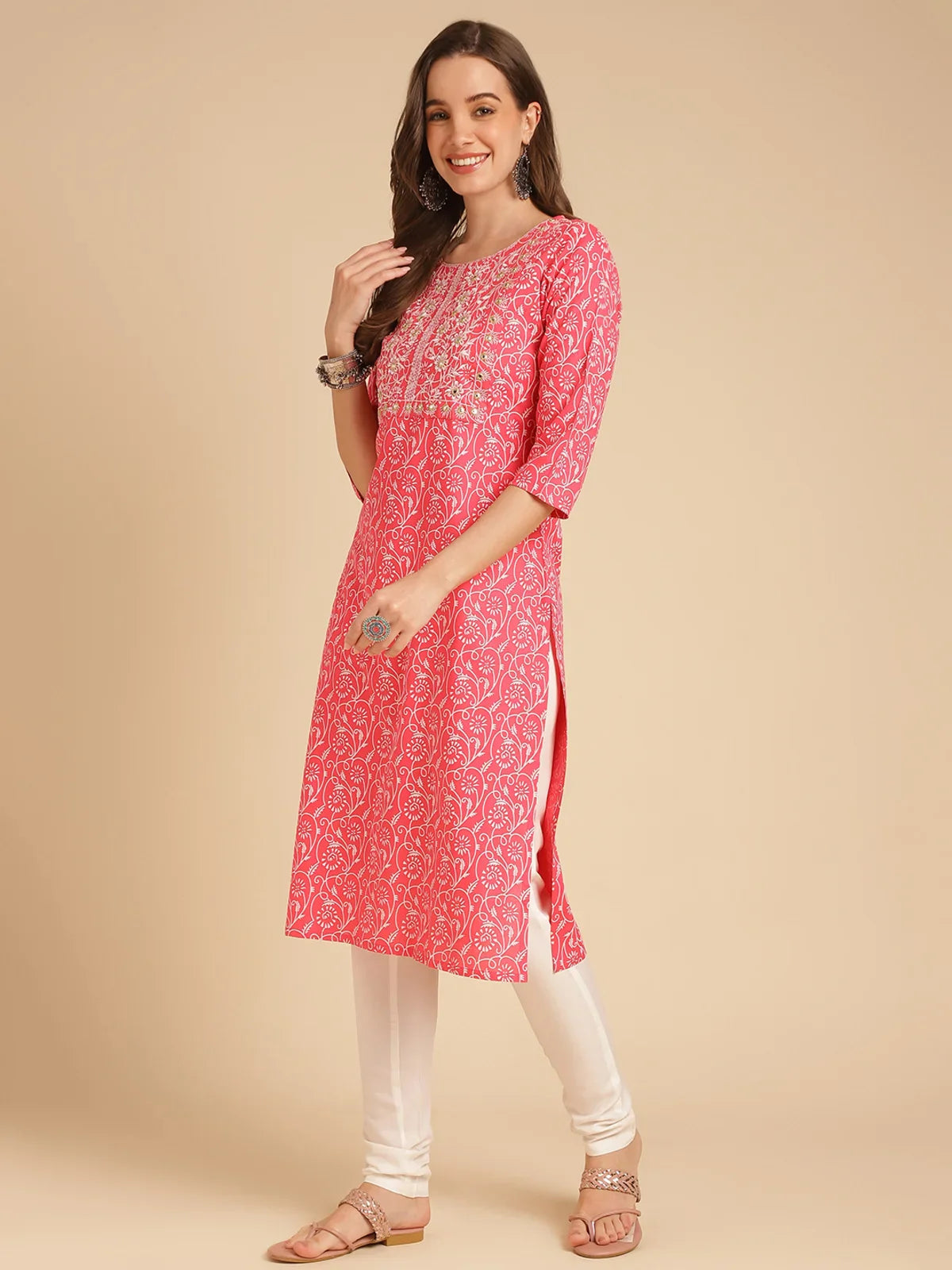 Buy Rayon Yoke Embroidered Calf Length Straight Kurti With Pant-Peach