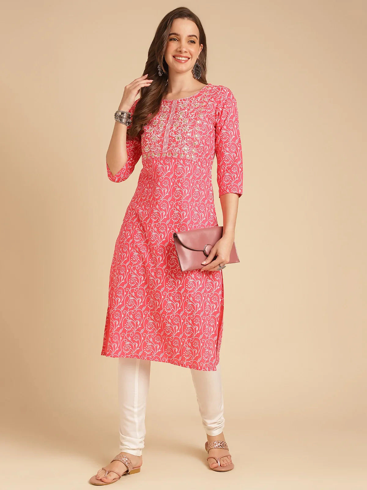 Buy Rayon Yoke Embroidered Calf Length Straight Kurti With Pant-Peach