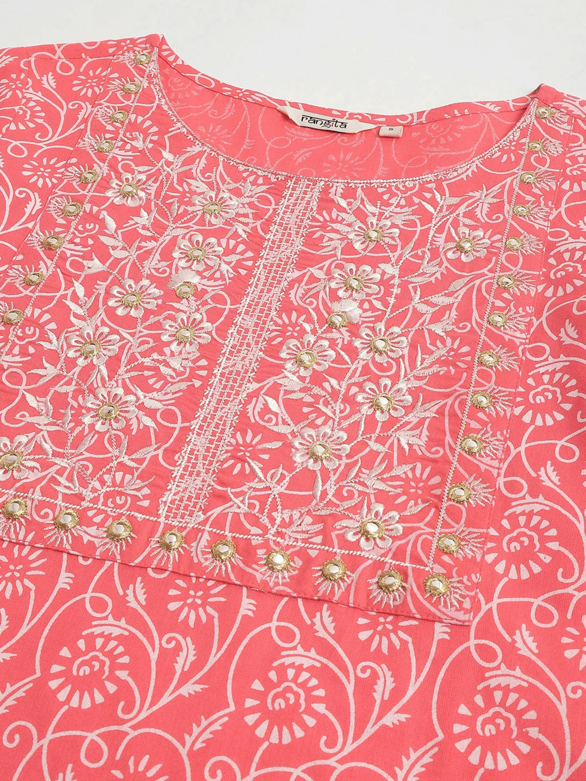 Buy Rayon Yoke Embroidered Calf Length Straight Kurti With Pant-Peach