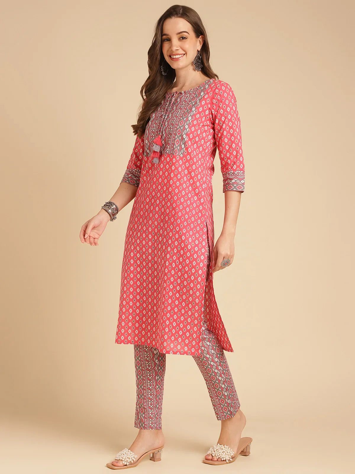 Buy Cotton Printed Calf Length Straight Kurti With Pant-Red