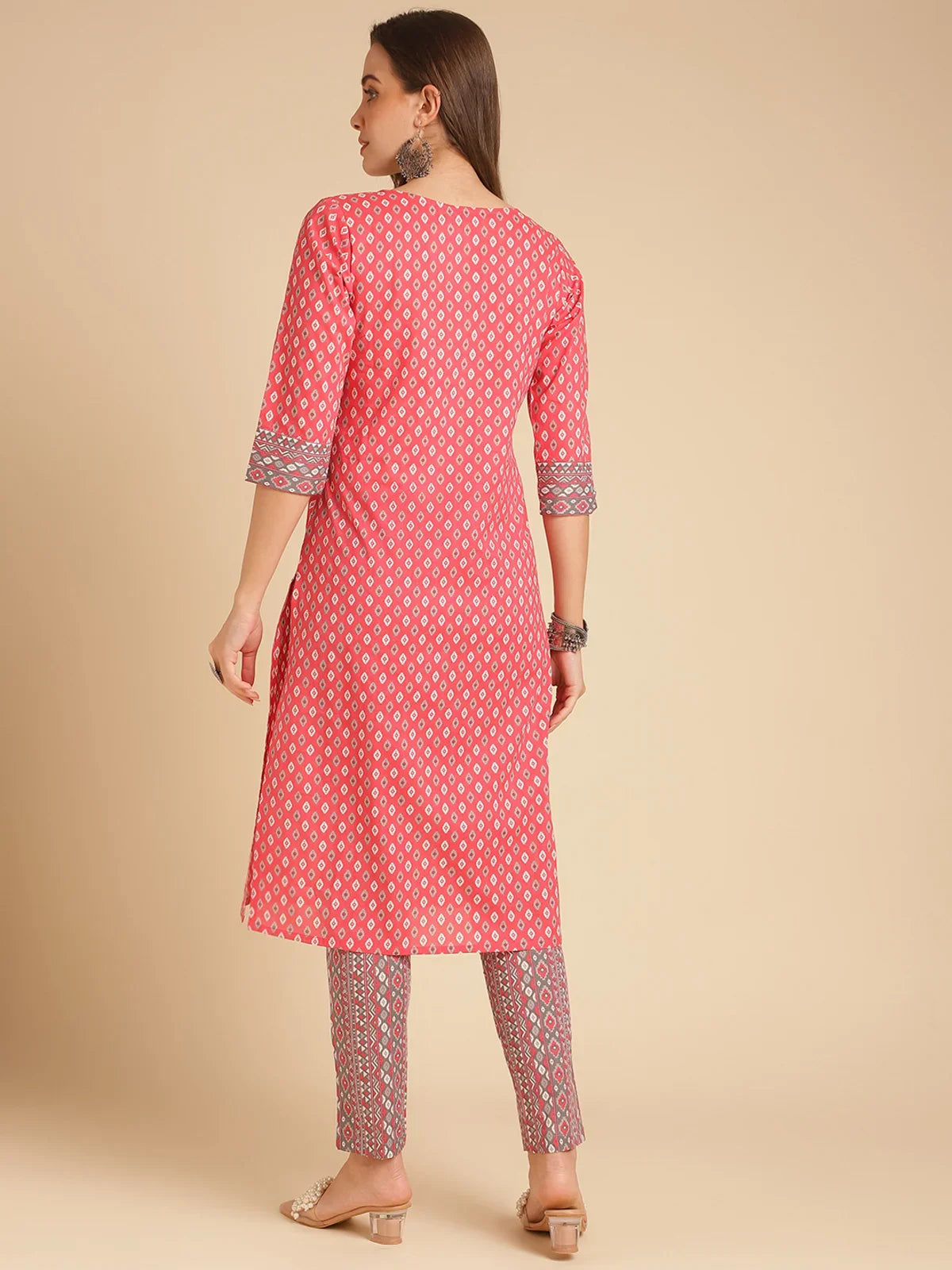 Buy Cotton Printed Calf Length Straight Kurti With Pant-Red