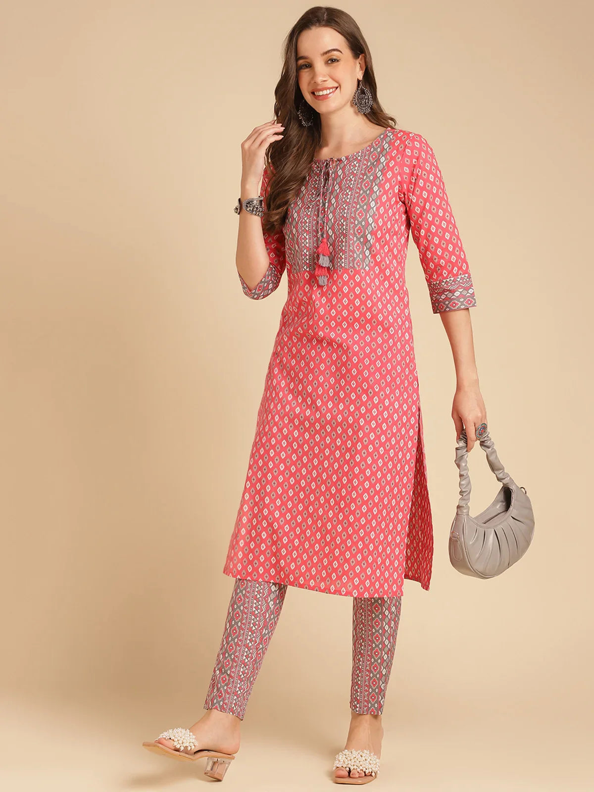 Buy Cotton Printed Calf Length Straight Kurti With Pant-Red