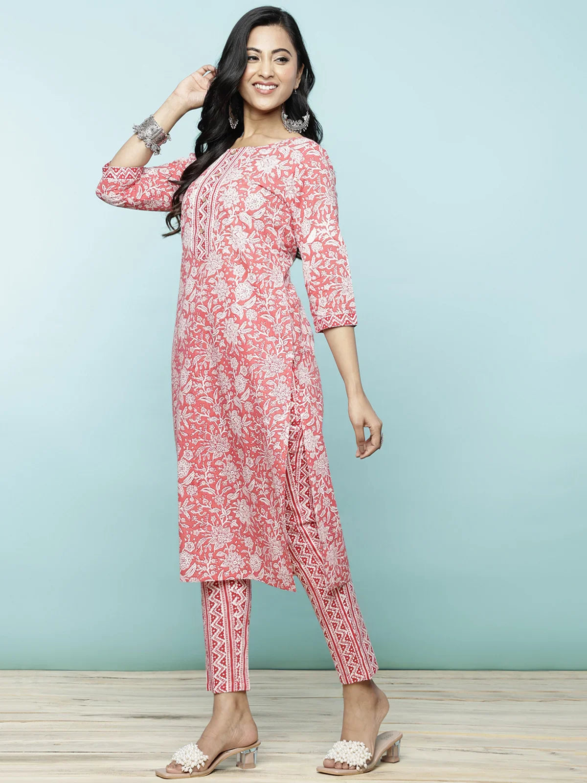 Buy Cotton Printed Calf Length Straight Kurti With Pant-Red