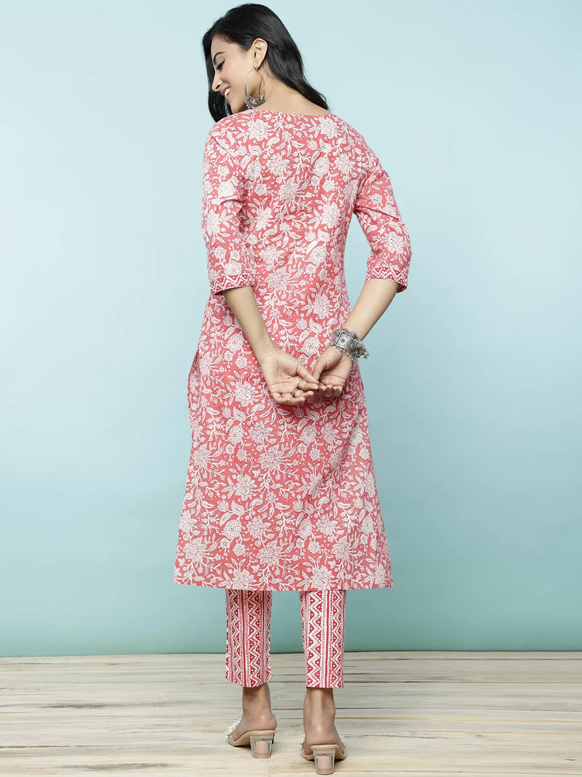 Buy Cotton Printed Calf Length Straight Kurti With Pant-Red