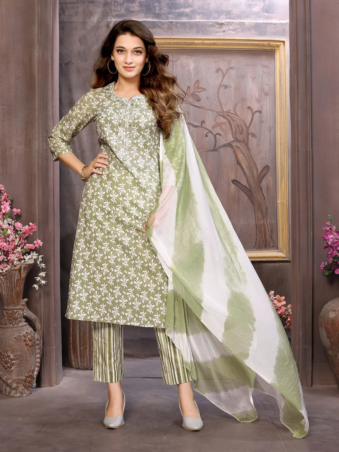 Buy Cotton Embroidered Calf Length Straight Kurta with Pant and Dupatta-Olive