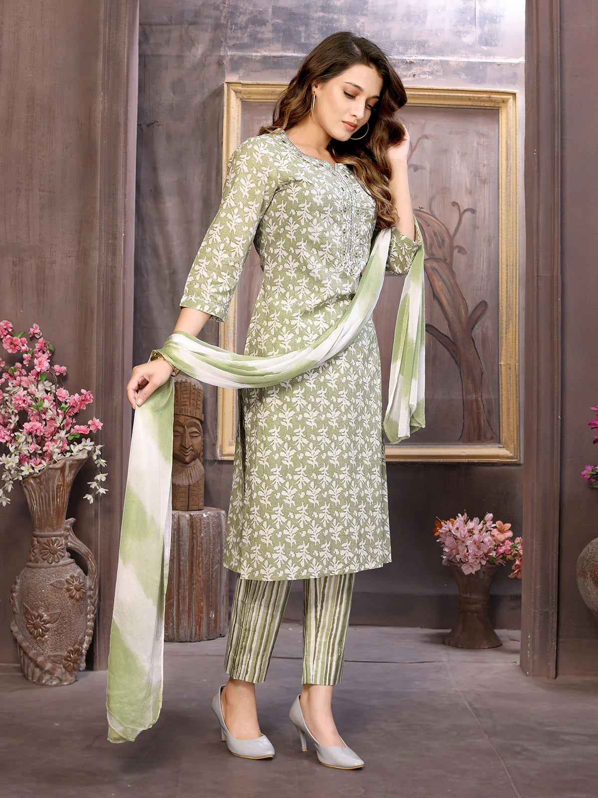 Buy Cotton Embroidered Calf Length Straight Kurta with Pant and Dupatta-Olive