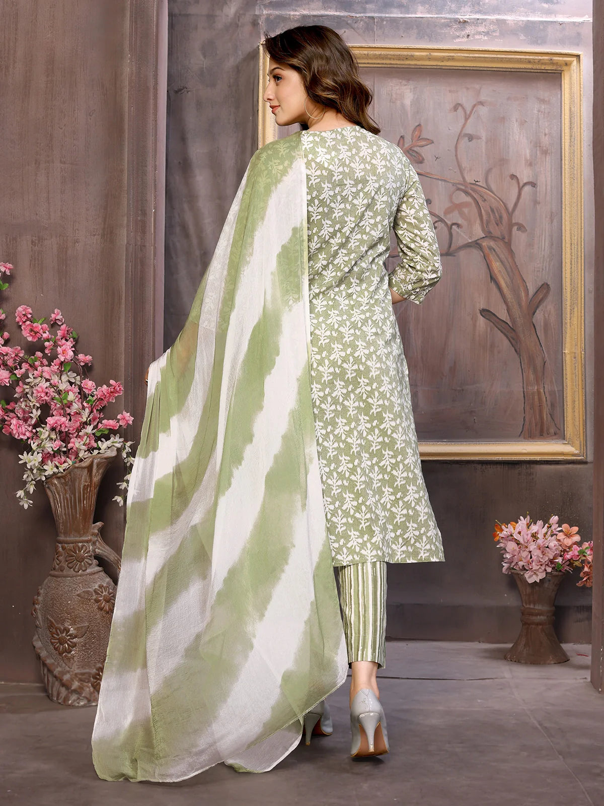 Buy Cotton Embroidered Calf Length Straight Kurta with Pant and Dupatta-Olive