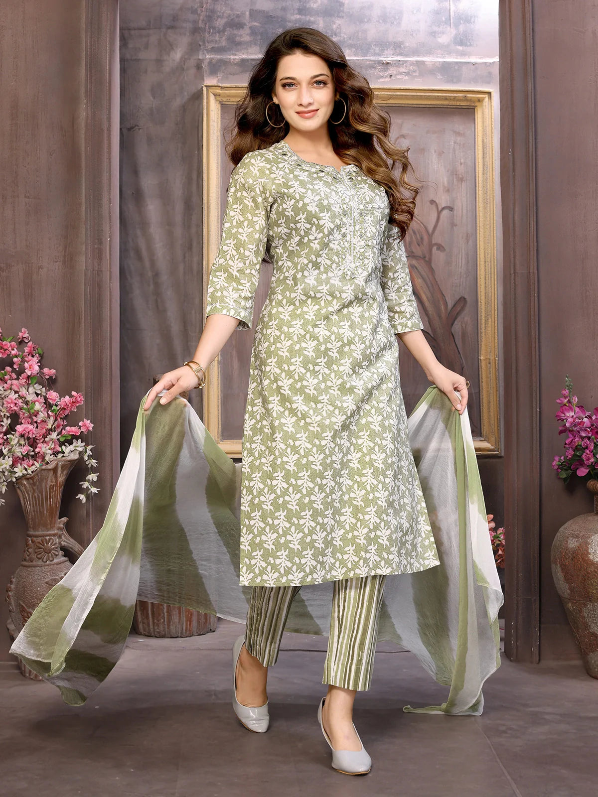 Buy Cotton Embroidered Calf Length Straight Kurta with Pant and Dupatta-Olive