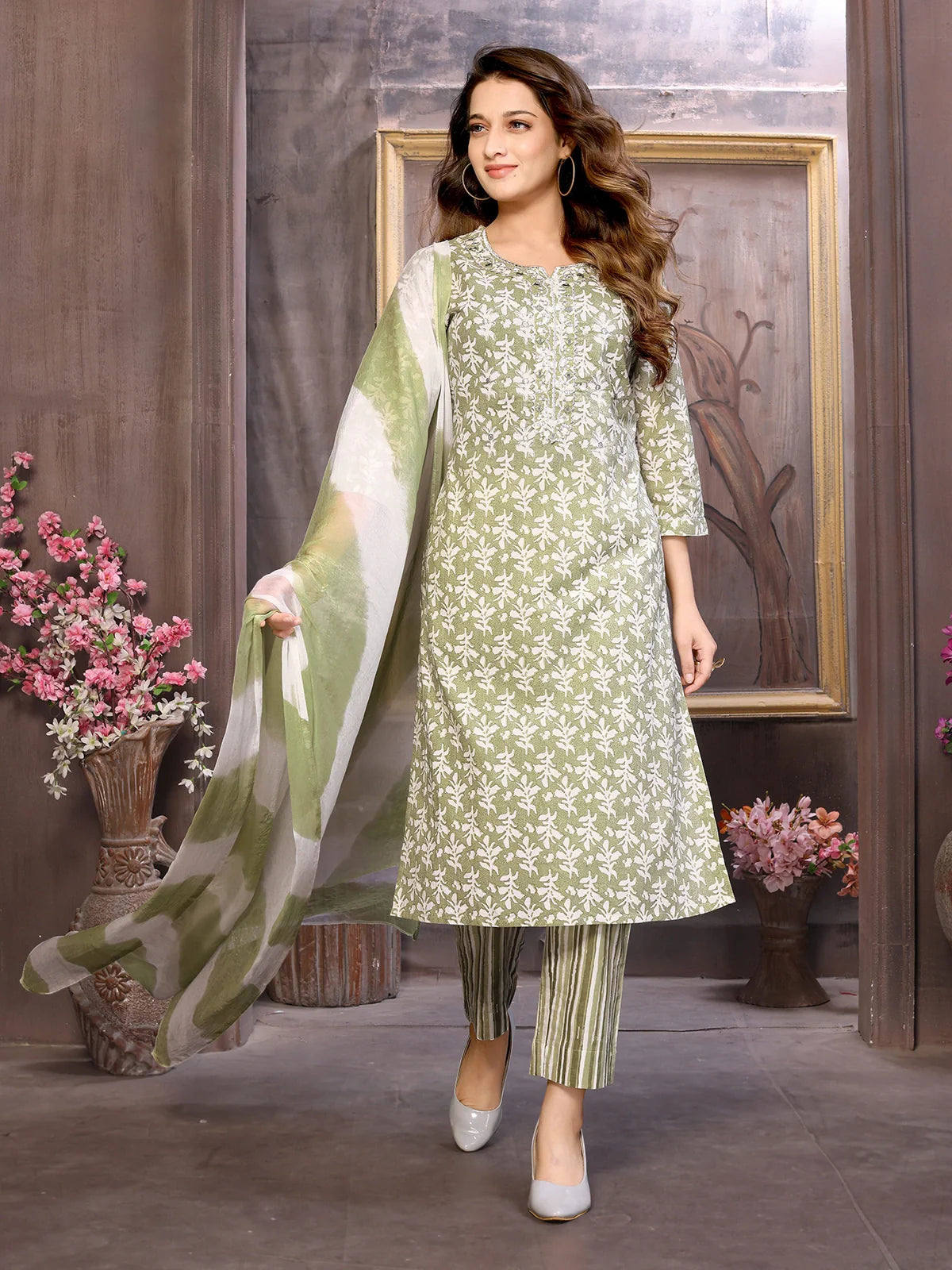 Buy Cotton Embroidered Calf Length Straight Kurta with Pant and Dupatta-Olive