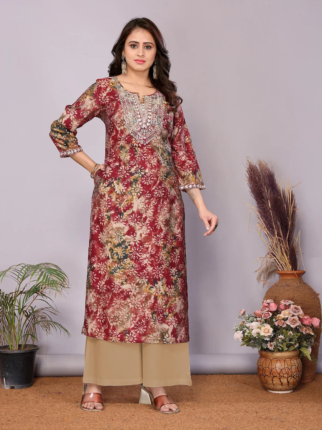 Buy Chanderi Embroidered Straight Calf Length Kurta-Maroon