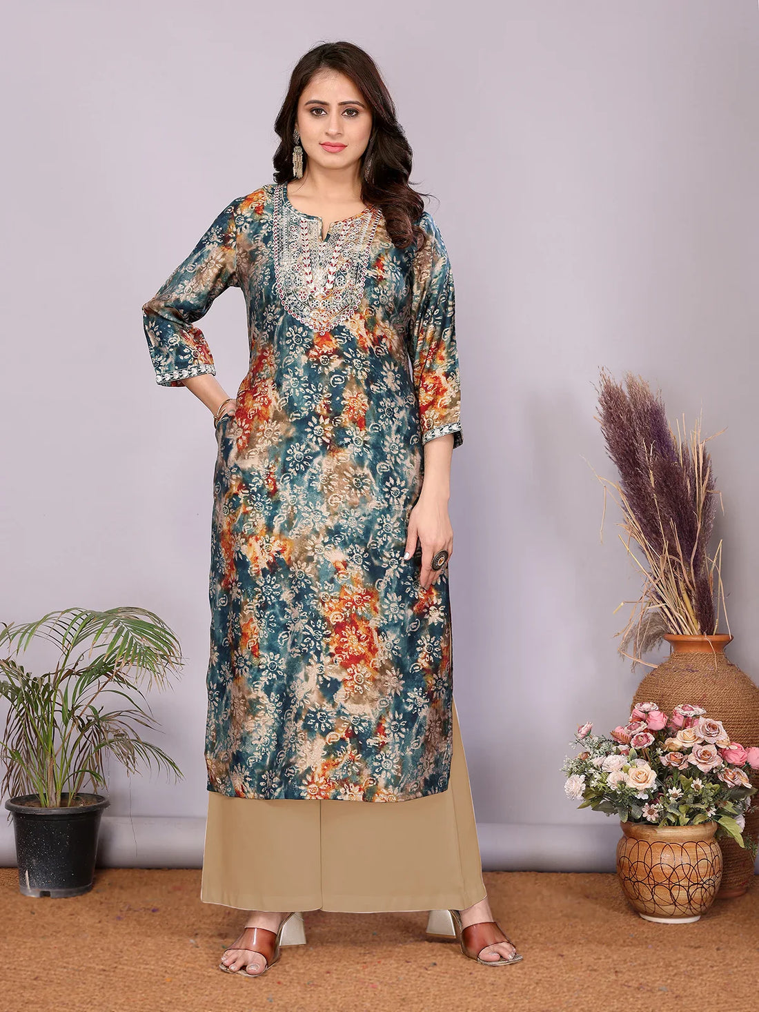 Buy Chanderi Embroidered Straight Calf Length Kurta-Teal
